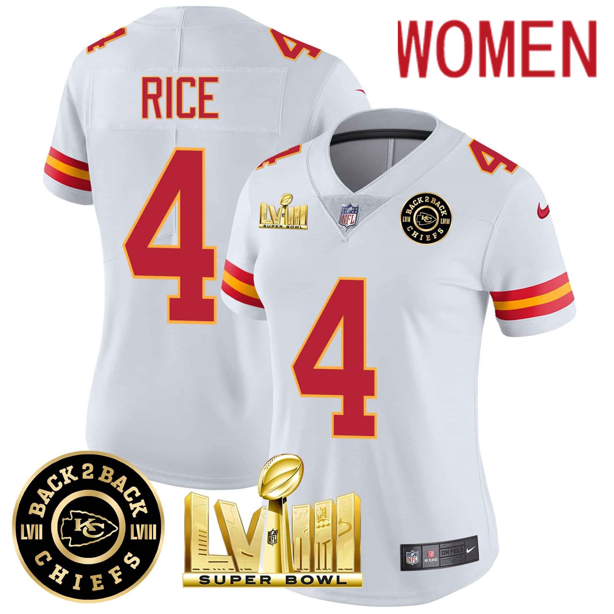 Women Kansas City Chiefs 4 Rice White 2024 Nike Super Bowl LVIII & Back 2 Back Patch Vapor NFL Jersey